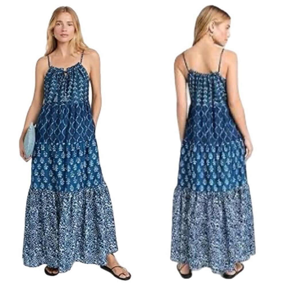 NWT Faherty Sun Chaser Maxi Dress in mix print and multi blue.  Size S